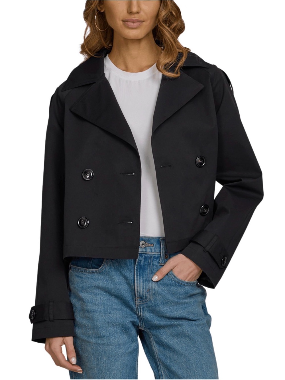Steve Madden Sirius Black Cropped Double-Breasted Trench Jacket Size Medium NWT